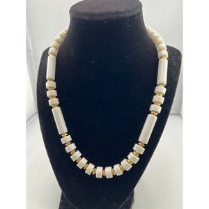 Monet Boho White Plastic Beaded Necklace Statement Vintage Classic Classy 50s 60